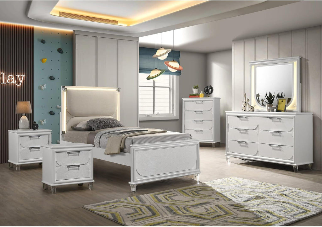 Furniture of America Leila Modern Wood 6-Piece Kids Bedroom Set with LED on Headboard and Mirror, Embossed Panels, Hidden Jewelry Tray, Felt-Lined, No Box Spring Needed, Twin, Pearl White