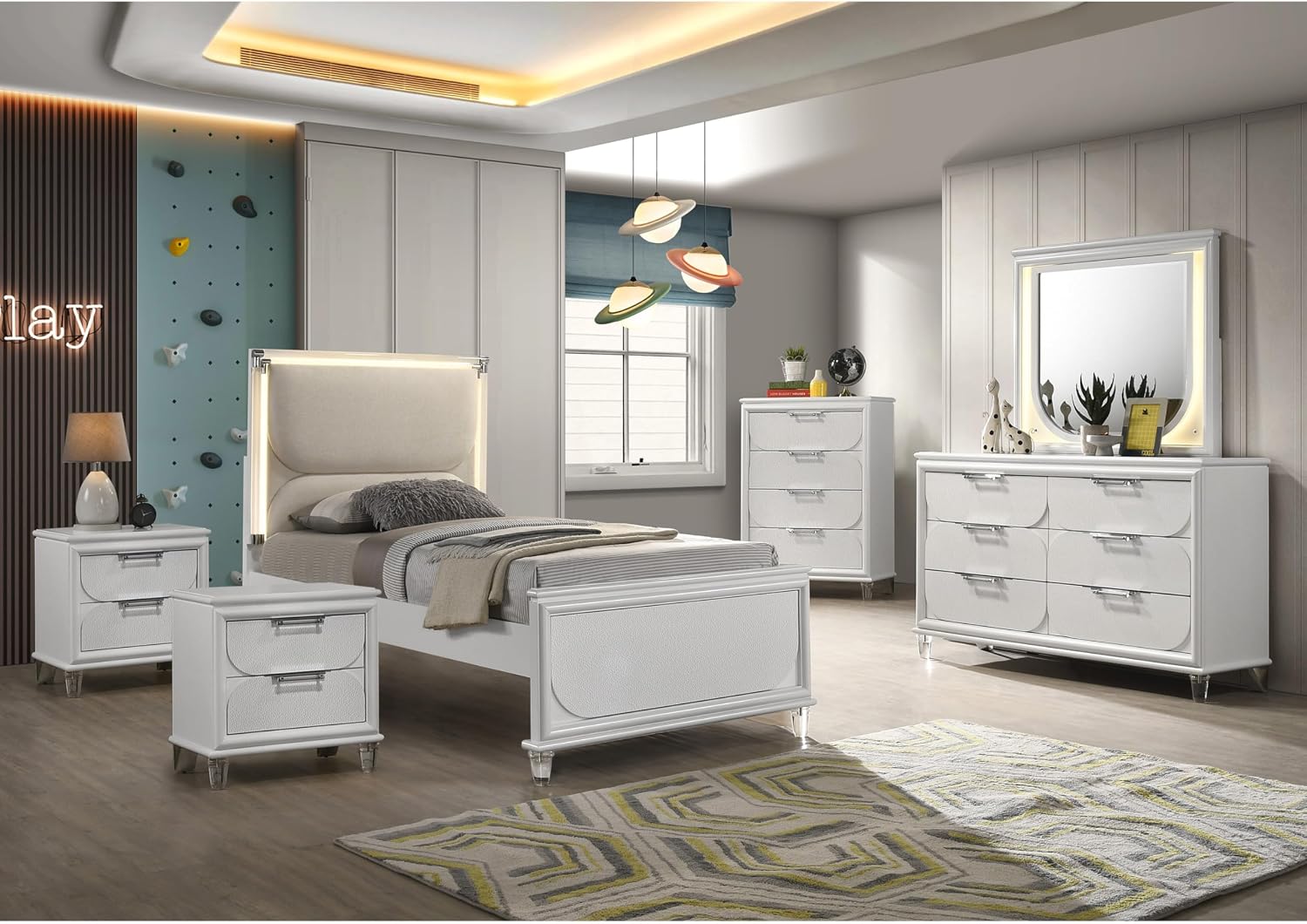 Furniture of America Leila Modern Wood 6-Piece Kids Bedroom Set with LED on Headboard and Mirror, Embossed Panels, Hidden Jewelry Tray, Felt-Lined, No Box Spring Needed, Twin, Pearl White