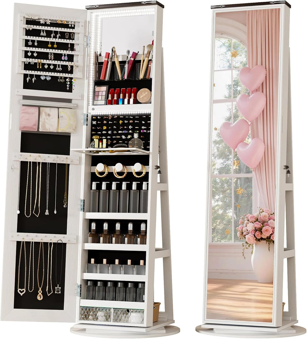 LVSOMT LED Mirror Jewelry Cabinet Standing, 360° Swivel Jewelry Organizers and Storage, Farmhouse Mirror with Jewelry Storage, Lighted Jewelry Armoire with Full Length Mirror (White Wood)