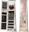 LVSOMT LED Mirror Jewelry Cabinet Standing, 360° Swivel Jewelry Organizers and Storage, Farmhouse Mirror with Jewelry Storage, Lighted Jewelry Armoire with Full Length Mirror (White Wood)