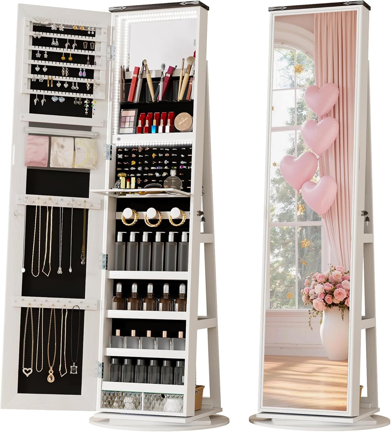 LVSOMT LED Mirror Jewelry Cabinet Standing, 360° Swivel Jewelry Organizers and Storage, Farmhouse Mirror with Jewelry Storage, Lighted Jewelry Armoire with Full Length Mirror (White Wood)