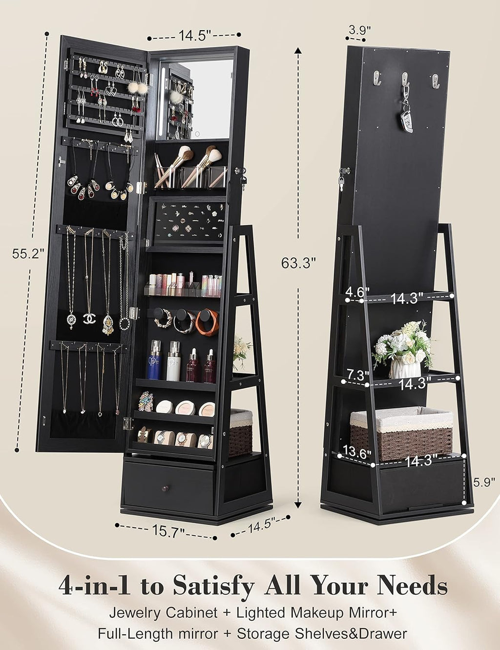 Nicetree 360° Swivel Jewelry Cabinet with Lights, Touch Screen Vanity Mirror, Rotatable Full Length Mirror with Jewelry Storage, Standing Jewelry Armoire Organizer, Foldable Makeup Shelf, Black