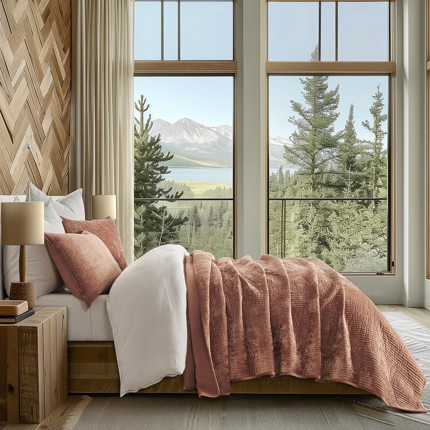 EverGrace Velvet Quilt Set California King 118'' x 106'', Luxurious Soft Bedding Sets, Lightweight Velvet Comforter for All Season, Striped Oversized Bedspread Coverlet w/ 2 Shams, Terracotta Clay