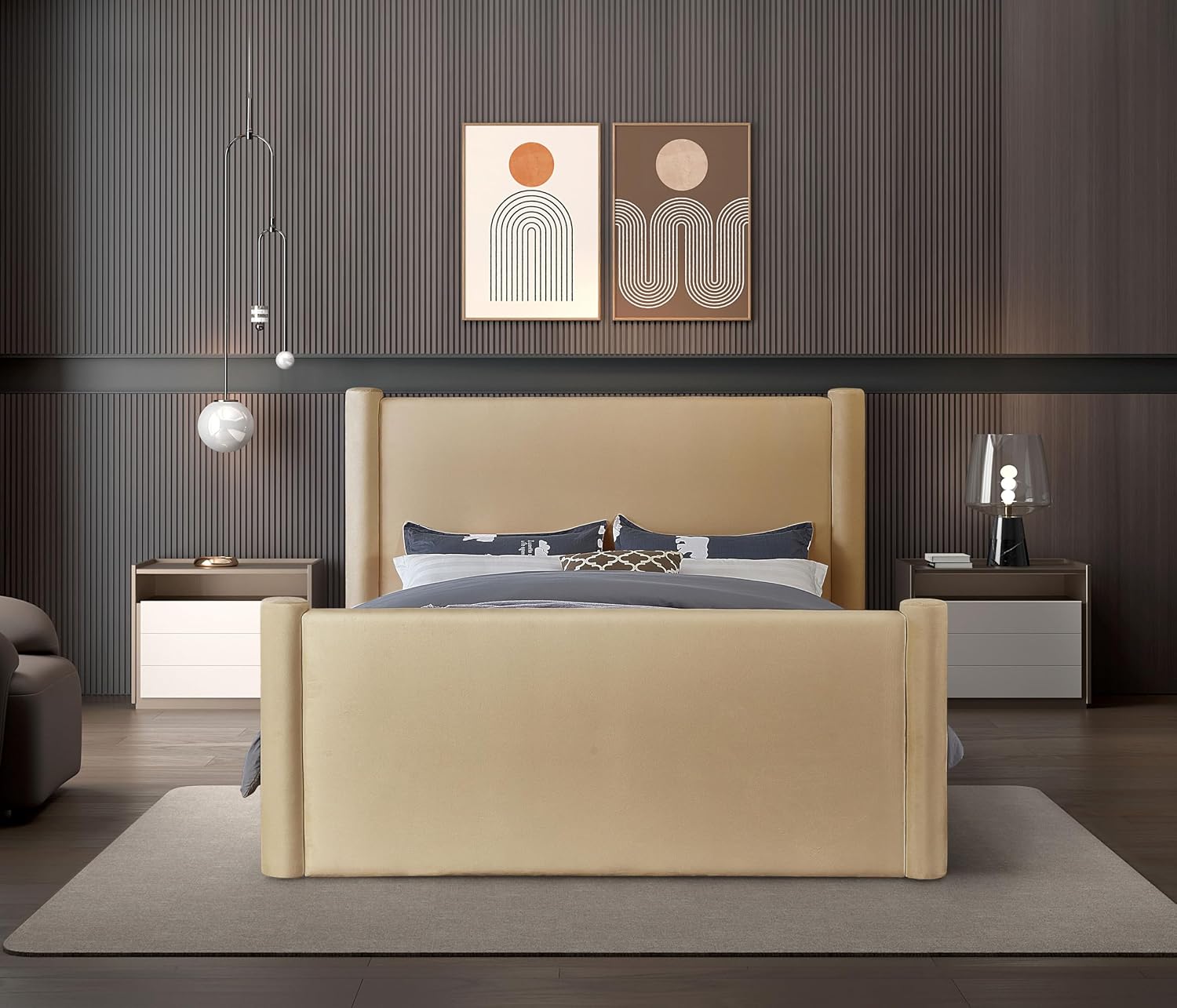 Meridian Furniture B1298Camel-Q Elias Collection Modern | Contemporary Queen Bed with Soft Camel Velvet, Solid Wood Inner Frame, 73.5' W x 88.5' D x 52' H, Camel, Queen