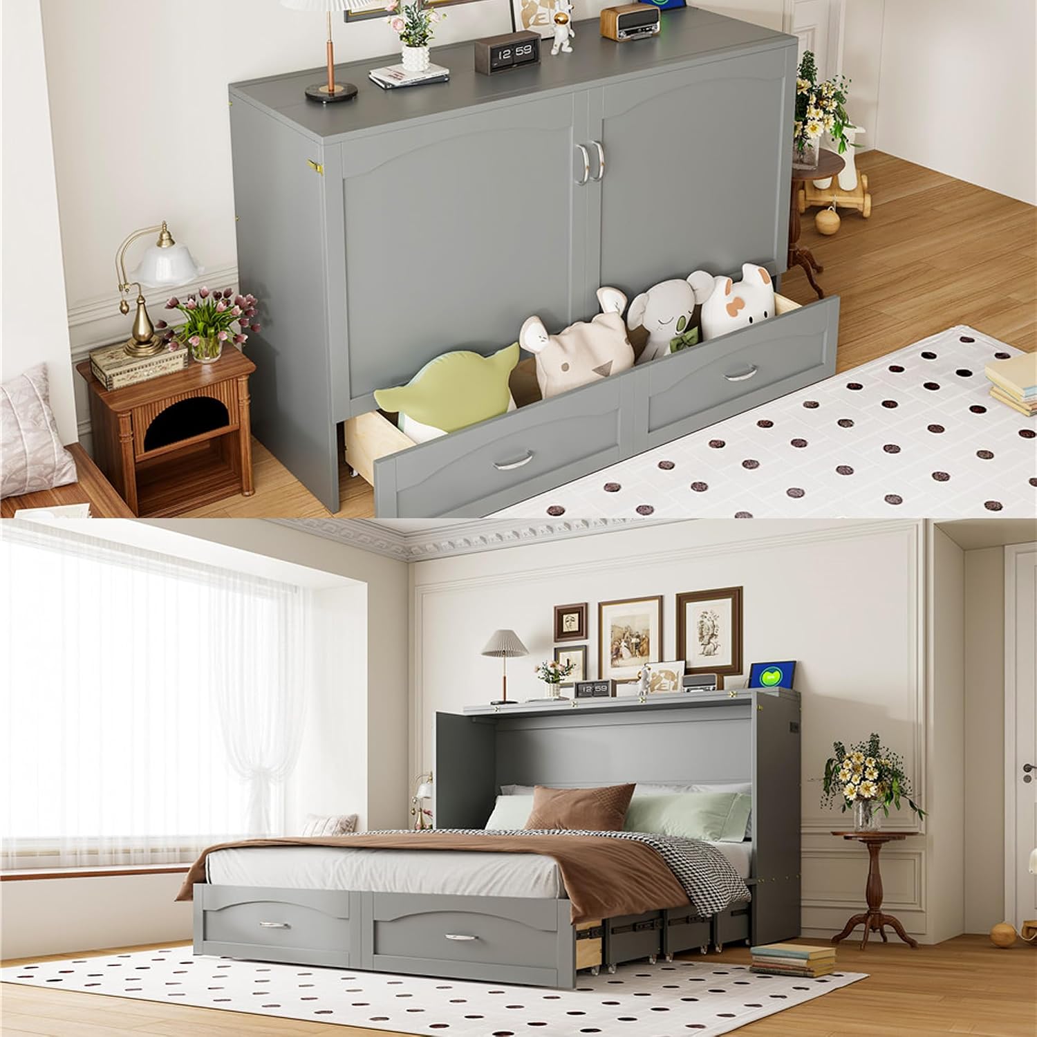 Queen Size Murphy Bed Wall Bed with Storage Drawer and a Set of Sockets & USB Ports, Space-Saving for Multipurpose Guest Room or Home Office, Gray