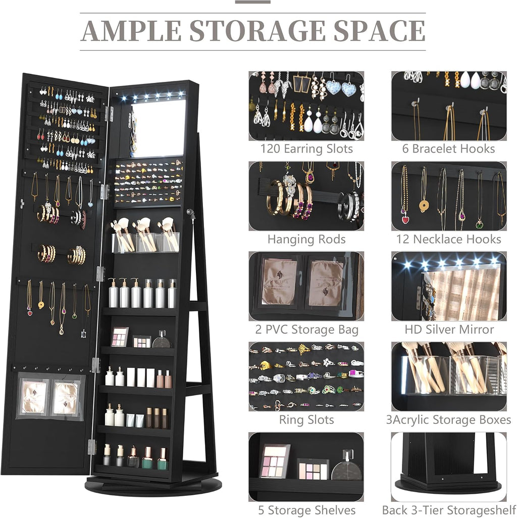 LVSOMT LED Mirror Jewelry Cabinet Standing, 360° Swivel Jewelry Organizers and Storage, Farmhouse Mirror with Jewelry Storage, Lighted Jewelry Armoire with Full Length Mirror (Coal Black)