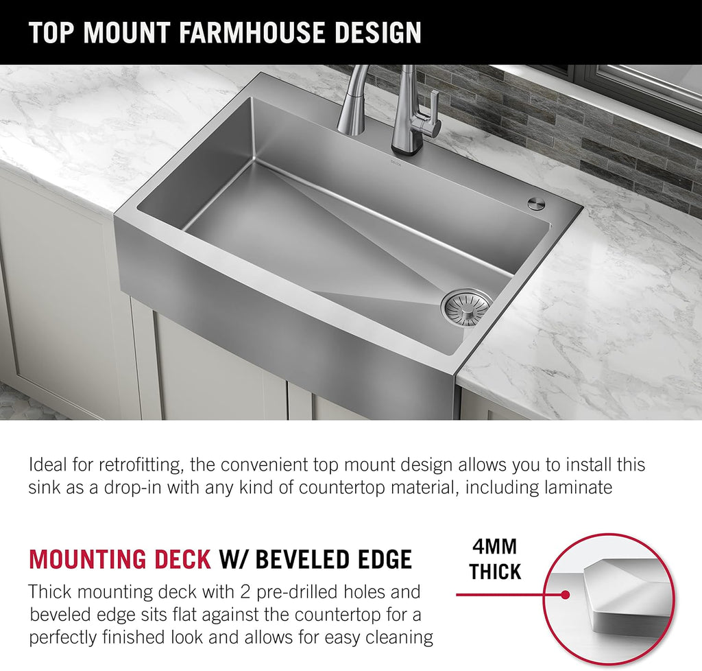 DELTA FAUCET Delta Lenta 30-inch Retrofit Farmhouse Apron Front 16 Gauge Stainless Steel Single Bowl Kitchen Sink for Undermount/Drop-In Installation with Accessories, 95J132-T30S-SS