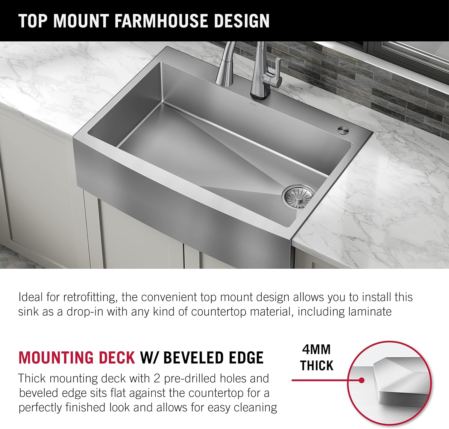 DELTA FAUCET Delta Lenta 30-inch Retrofit Farmhouse Apron Front 16 Gauge Stainless Steel Single Bowl Kitchen Sink for Undermount/Drop-In Installation with Accessories, 95J132-T30S-SS