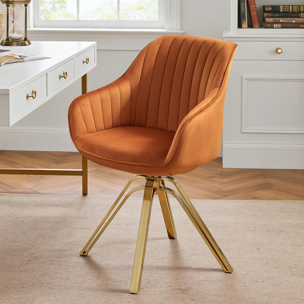 Volans Swivel Accent Chair, Mid Century Modern Swivel Desk Chair with Hollow Brushed Gold Plated Legs Office Chairs for Living Room, Dining Room, Small Space, Cinnamon