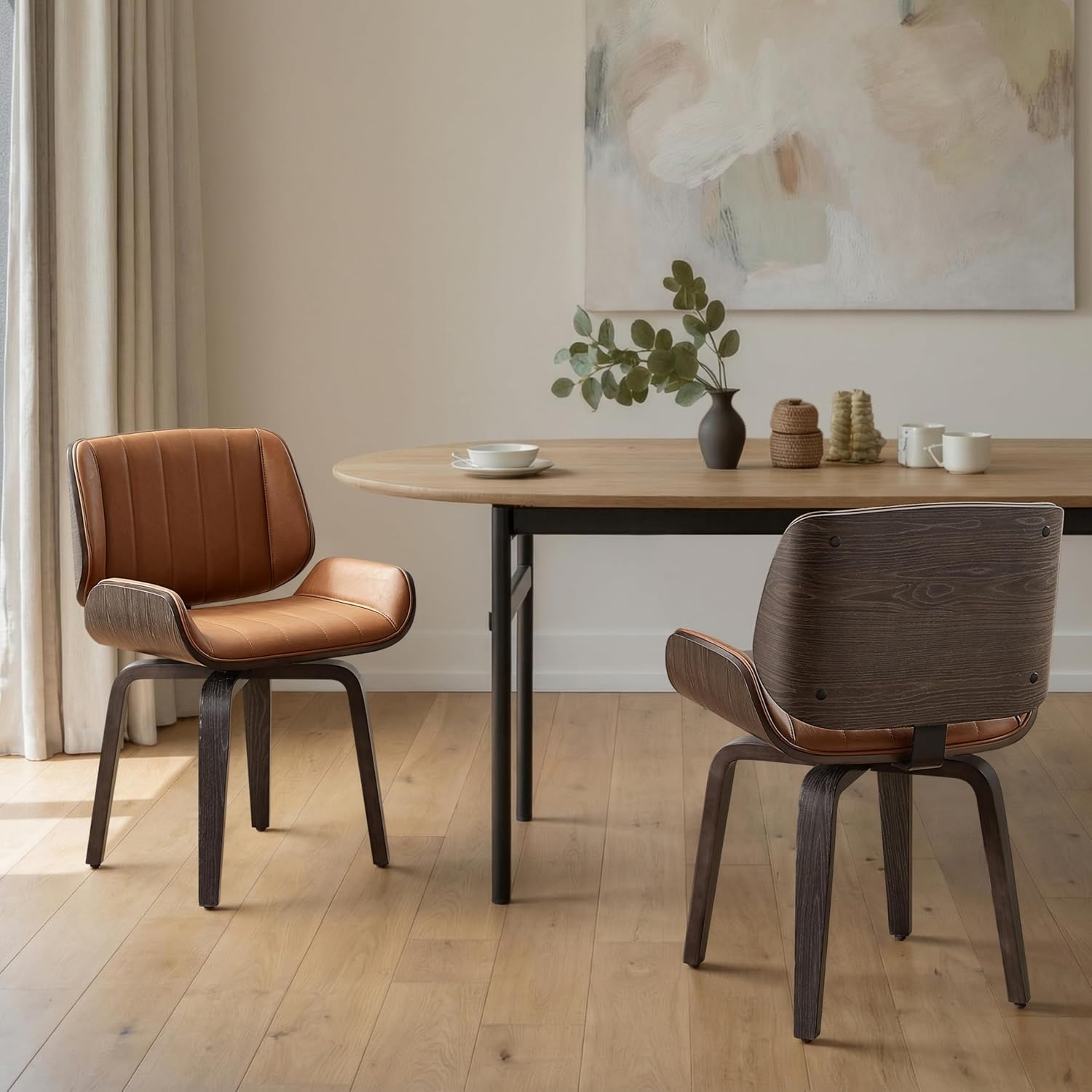 Zouron Mid Century Modern Dining Chairs Set of 2, Faux Leather Upholstered Dining Room Chairs with Black Oak Bentwood, Accent Side Chair for Small Space Living Room Bedroom, Channel Stitch, Brown