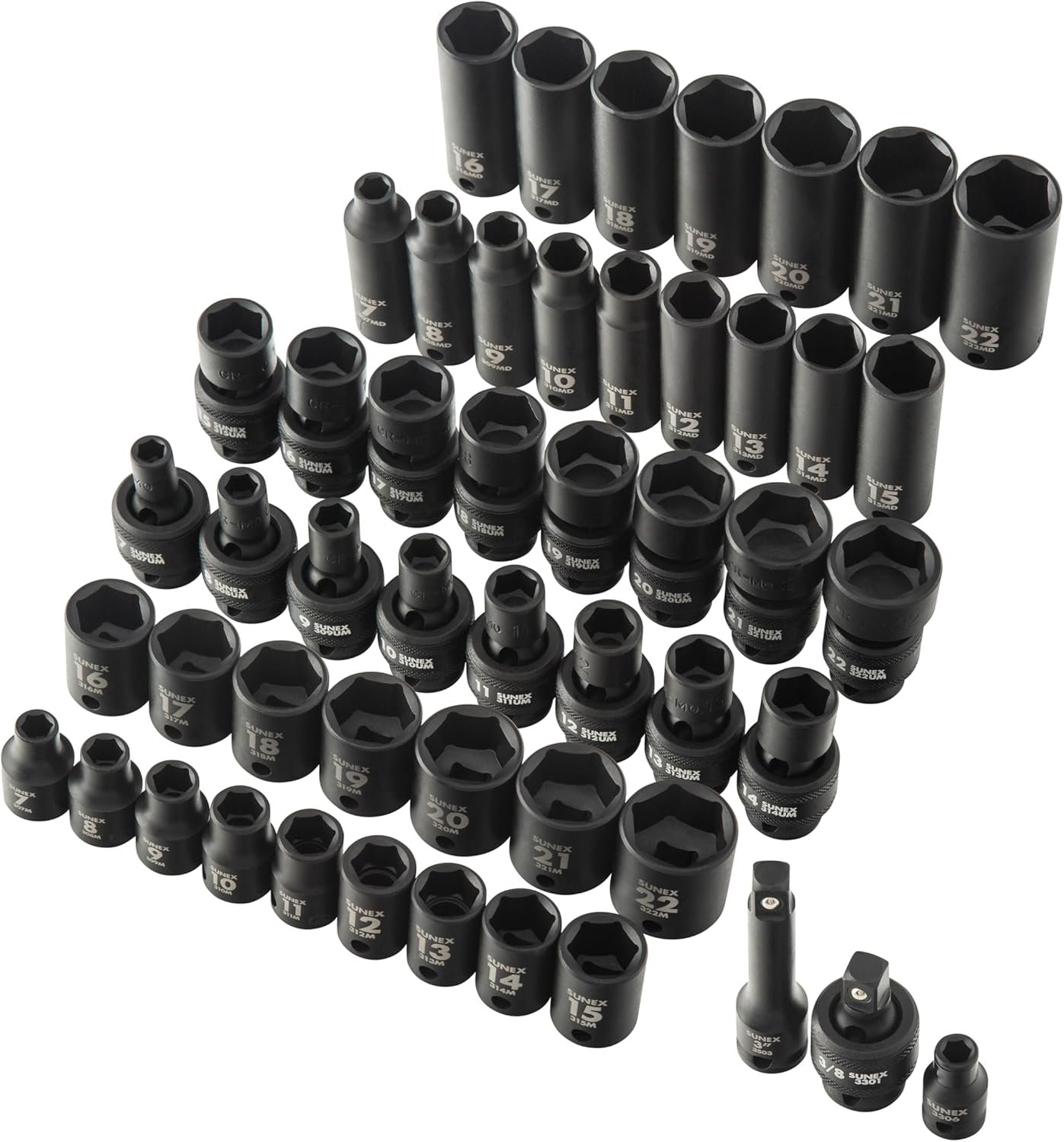 SUNEX TOOLS 3351, 3/8 Inch Drive Impact Socket Set, 51-Piece, Metric, 7mm - 22mm, Standard/Deep/ Universal, Cr-Mo Steel, Radius Corner Design, Heavy Duty Storage Case, Meets ANSI Standards