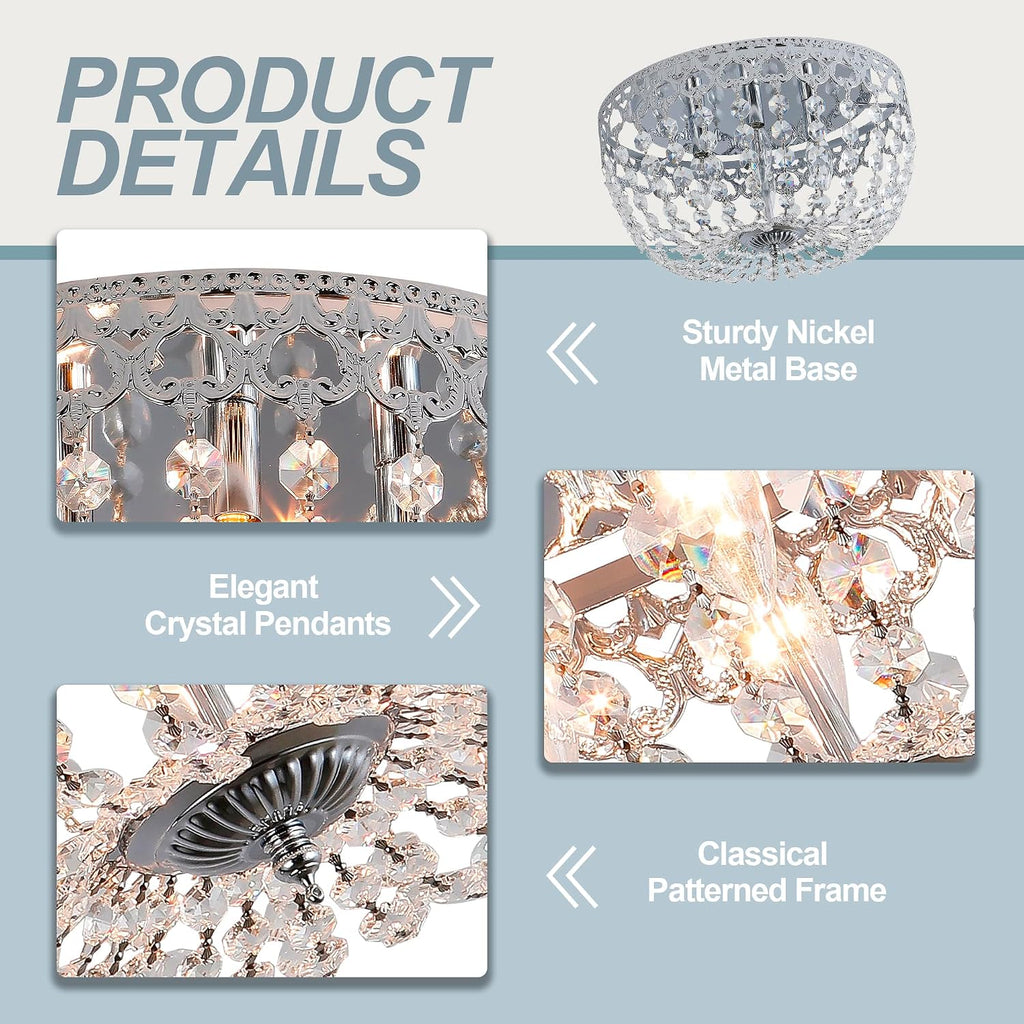 Maxax 15' Crystal Chrome Ceiling Light, 4-Lights Vintage Farmhouse Flush Mount Chandelier, Antique French Empire Ceiling Lamp, Dining Room Entrance Hallway Bedroom Kitchen Bathroom, E12 Bulbs