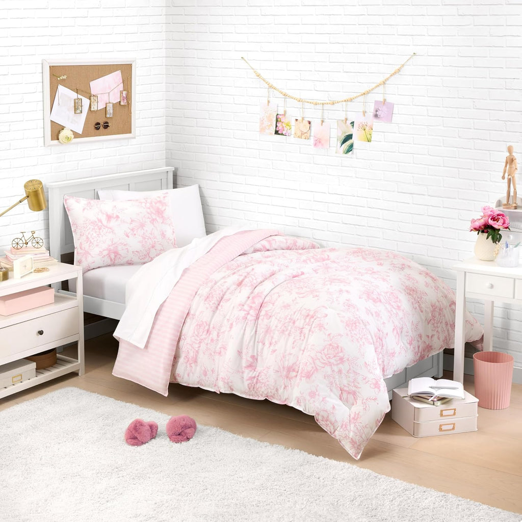 Laura Ashley - Twin/Twin XL Bedding Bundle, Reversible Comforter with Matching Pillowcases & Cotton Percale Sheet Set, Floral Bedding with a Crisp & Cool Feel (Pink)