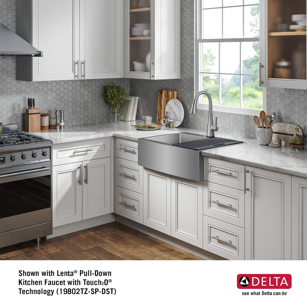 DELTA FAUCET Delta Lenta 30-inch Retrofit Farmhouse Apron Front 16 Gauge Stainless Steel Single Bowl Kitchen Sink for Undermount/Drop-In Installation with Accessories, 95J132-T30S-SS