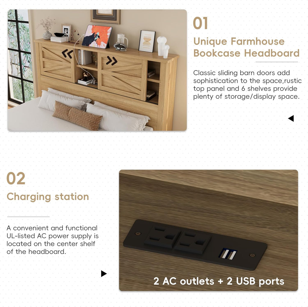 Full Size 3PCS Bedroom Sets, Platform Bed Frame with Double Sliding Door Storage Headboard and USB, 3-Pieces Bedroom Sets with Cabinet and Nightstands, Kids Adults, Natural