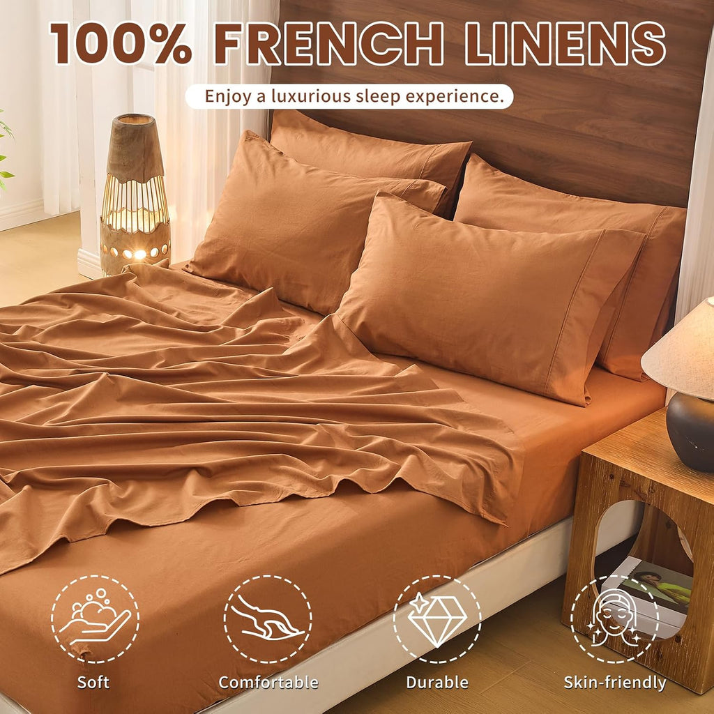 Bedlifes 100% French Pure Linen Sheets California King Size Breathable and Cooling Flax Sheet Set Soft Durable and Moisture Wicking 16 Inch Deep Pocket-4 Piece(Cal King,Brown)