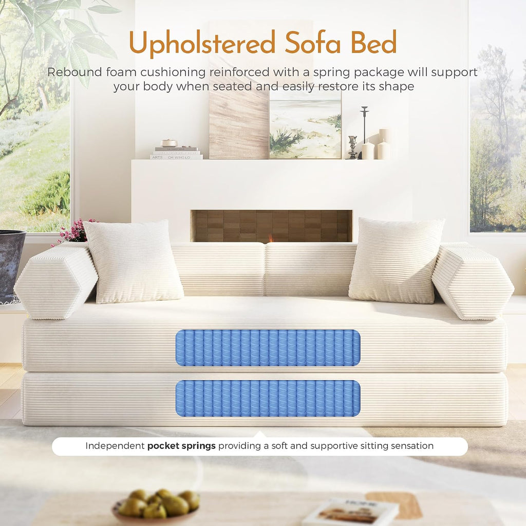 79'' Corduroy Convertible Sofa Bed, No Assembly Modular Folding Sleeper Couch, 5-in-1 Pull Out Bed with Removable Washable Cover, Space Saving Guest Bed for Living Room Apartment Bedroom (Beige White)