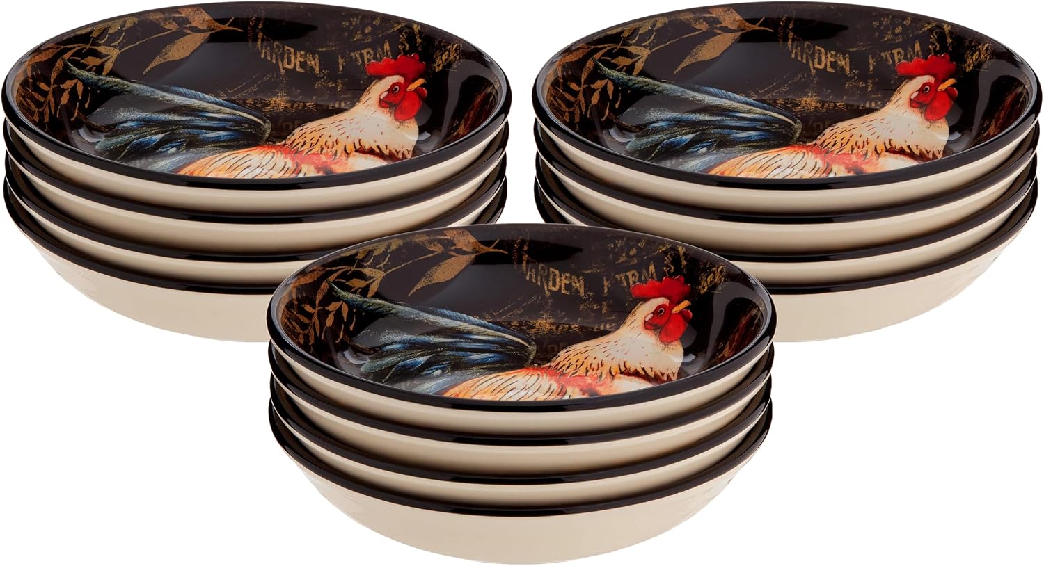 Certified International Gilded Rooster Set/4 Soup/Pasta Bowl 9.25' x 2', Assorted Designs,One Size, Multicolored (Pack of 3)