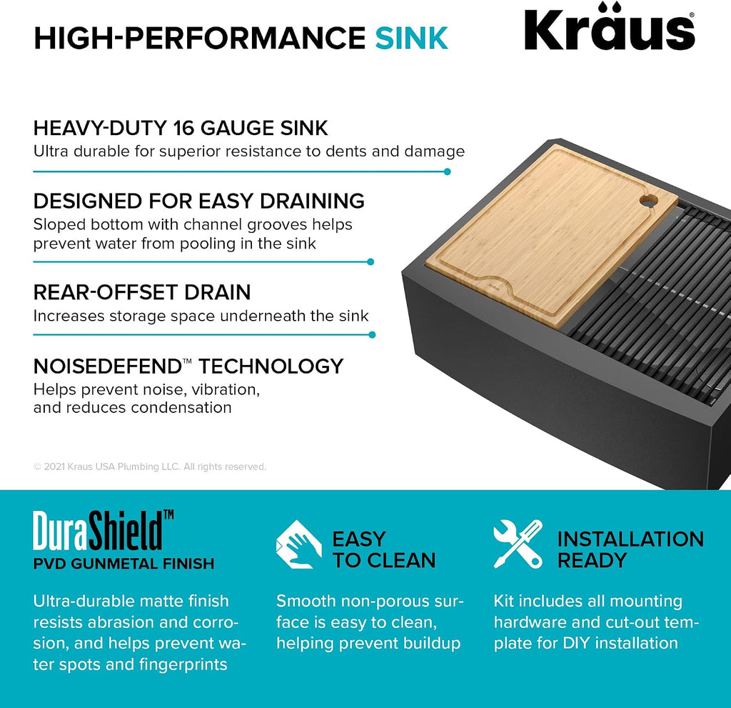 KRAUS Kore Workstation 27-inch Farmhouse Apron Front 16 Gauge Black Stainless Steel Single Bowl Kitchen Sink in PVD Gunmetal Finish with Accessories, KWF210-27-PGM