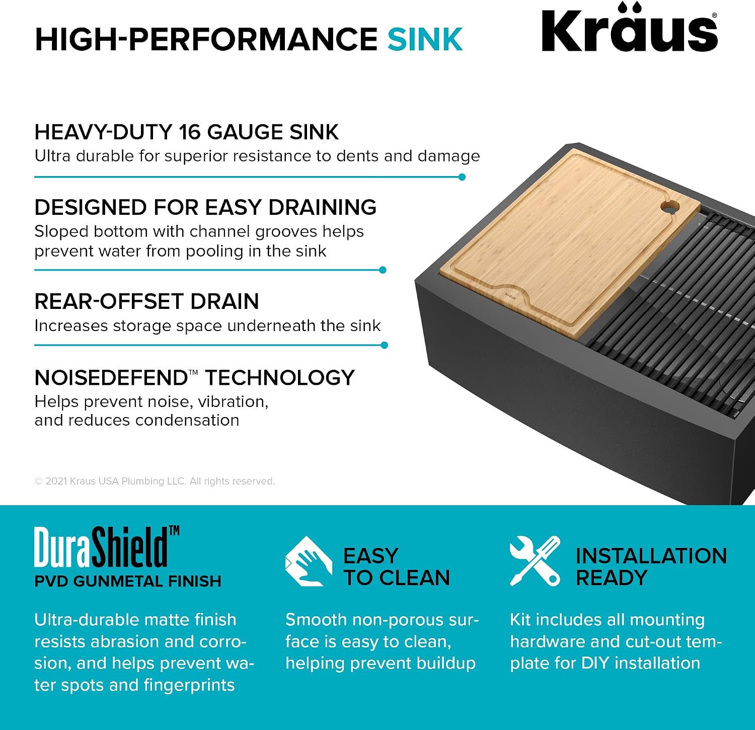 KRAUS Kore Workstation 27-inch Farmhouse Apron Front 16 Gauge Black Stainless Steel Single Bowl Kitchen Sink in PVD Gunmetal Finish with Accessories, KWF210-27-PGM