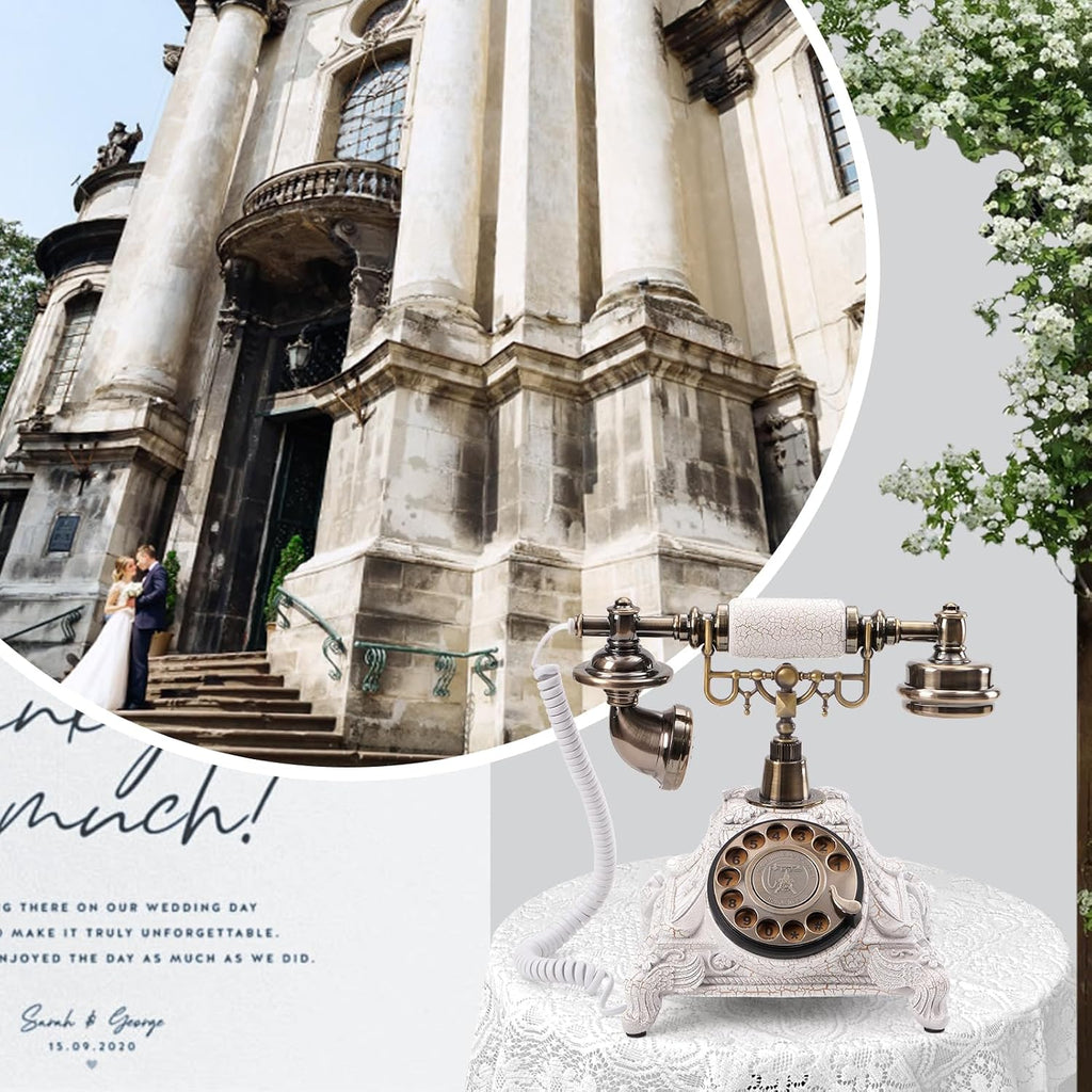 Audio Guest Book Wedding Phone - Unique Voicemail Recorder for Weddings, Parties, Graduations - European Vintage Style, Crystal-Clear Sound, White Rotary Design, Voice Message Guestbook