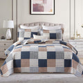 Finlonte Quilt King Size - 100% Cotton King Size Comforter Set Navy Brown White Plaid Farmhouse Quilt Bedding Set, Reversible Lightweight Soft Bedspread, Quilted Coverlet All-Season, 3-Piece