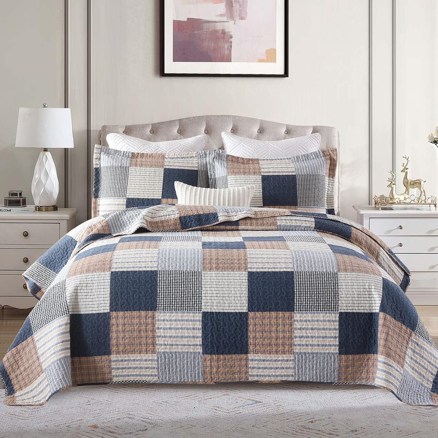 Finlonte Quilt King Size - 100% Cotton King Size Comforter Set Navy Brown White Plaid Farmhouse Quilt Bedding Set, Reversible Lightweight Soft Bedspread, Quilted Coverlet All-Season, 3-Piece