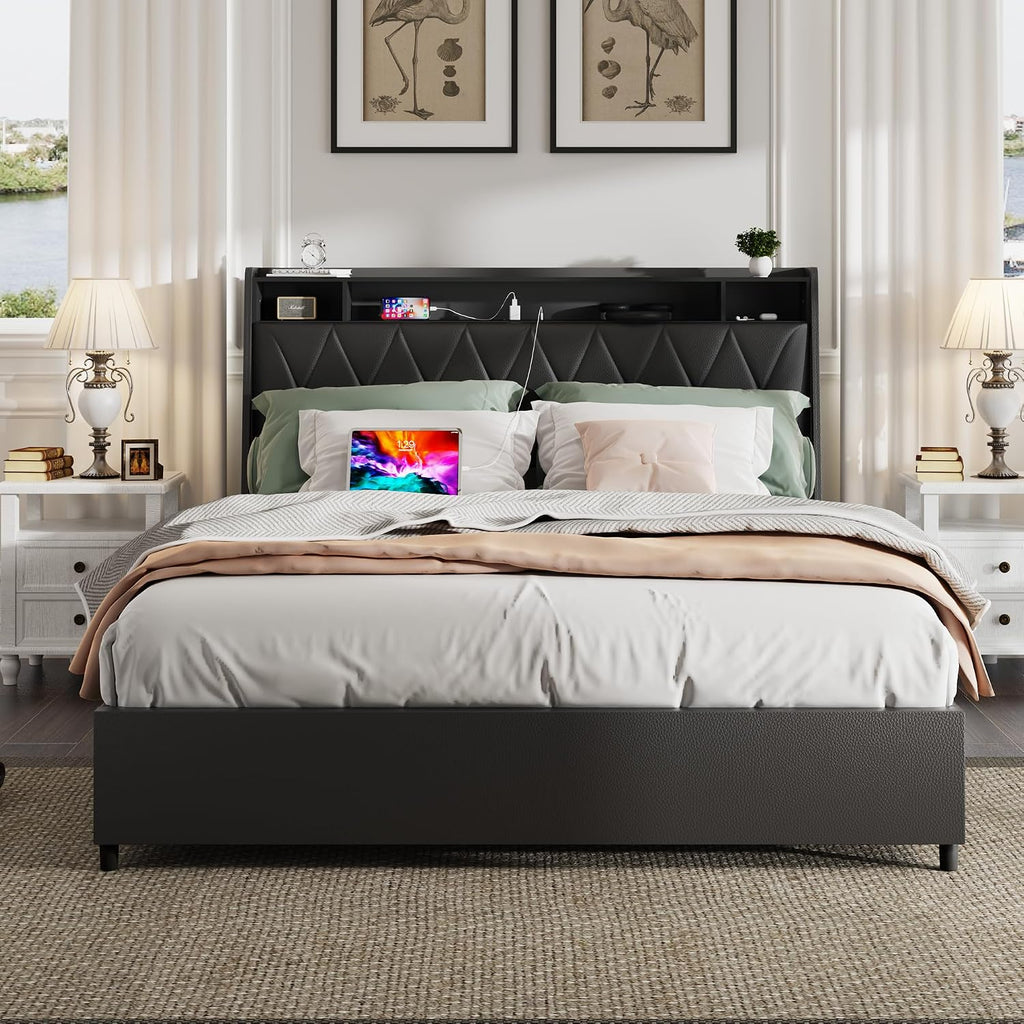 Black Full Bed Frame with Headboard, Metal Platform Bed Full Size with 2-Tier Bookshelf Storage, and 4 Storage Drawers & Charging Station Type C, Leather Fabric No Box Spring Needed (Black, Full)