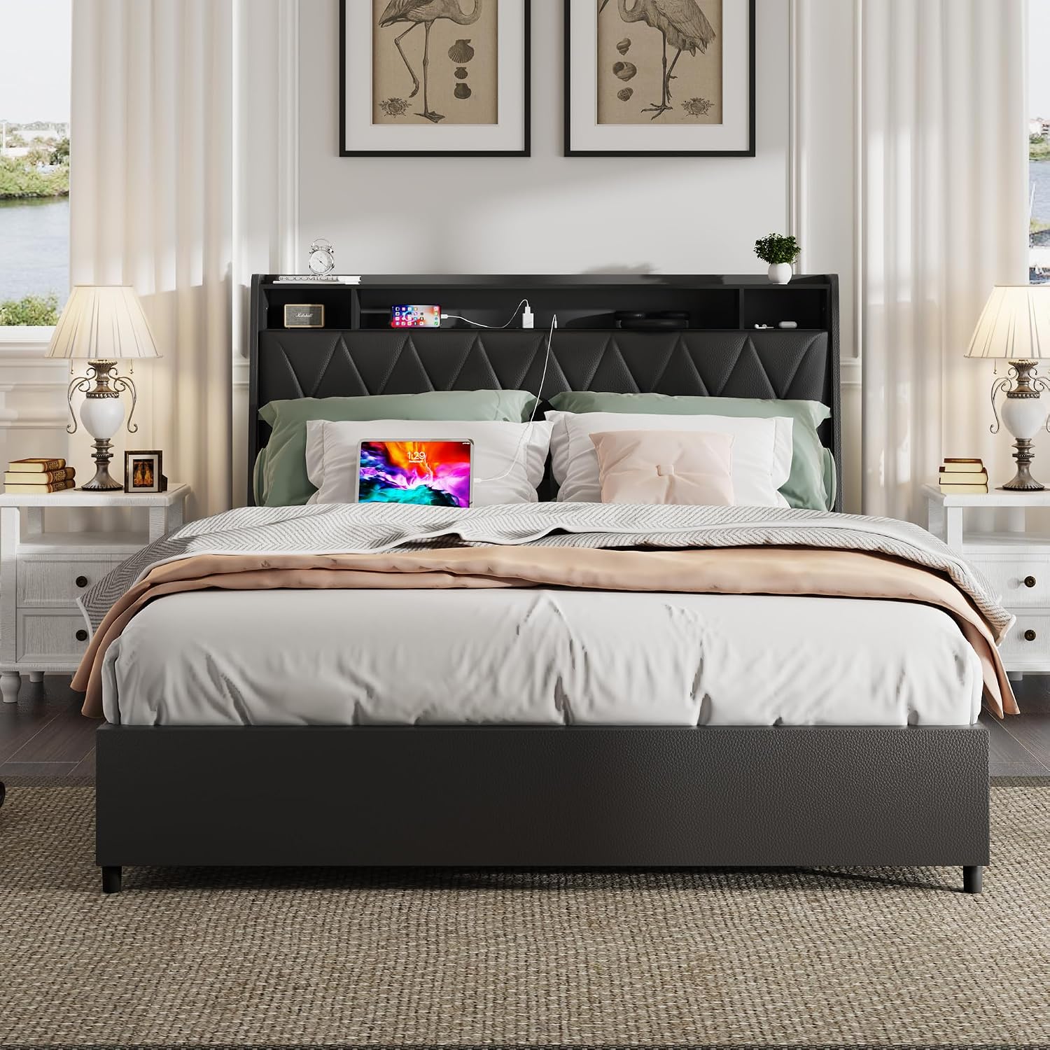 Black Full Bed Frame with Headboard, Metal Platform Bed Full Size with 2-Tier Bookshelf Storage, and 4 Storage Drawers & Charging Station Type C, Leather Fabric No Box Spring Needed (Black, Full)