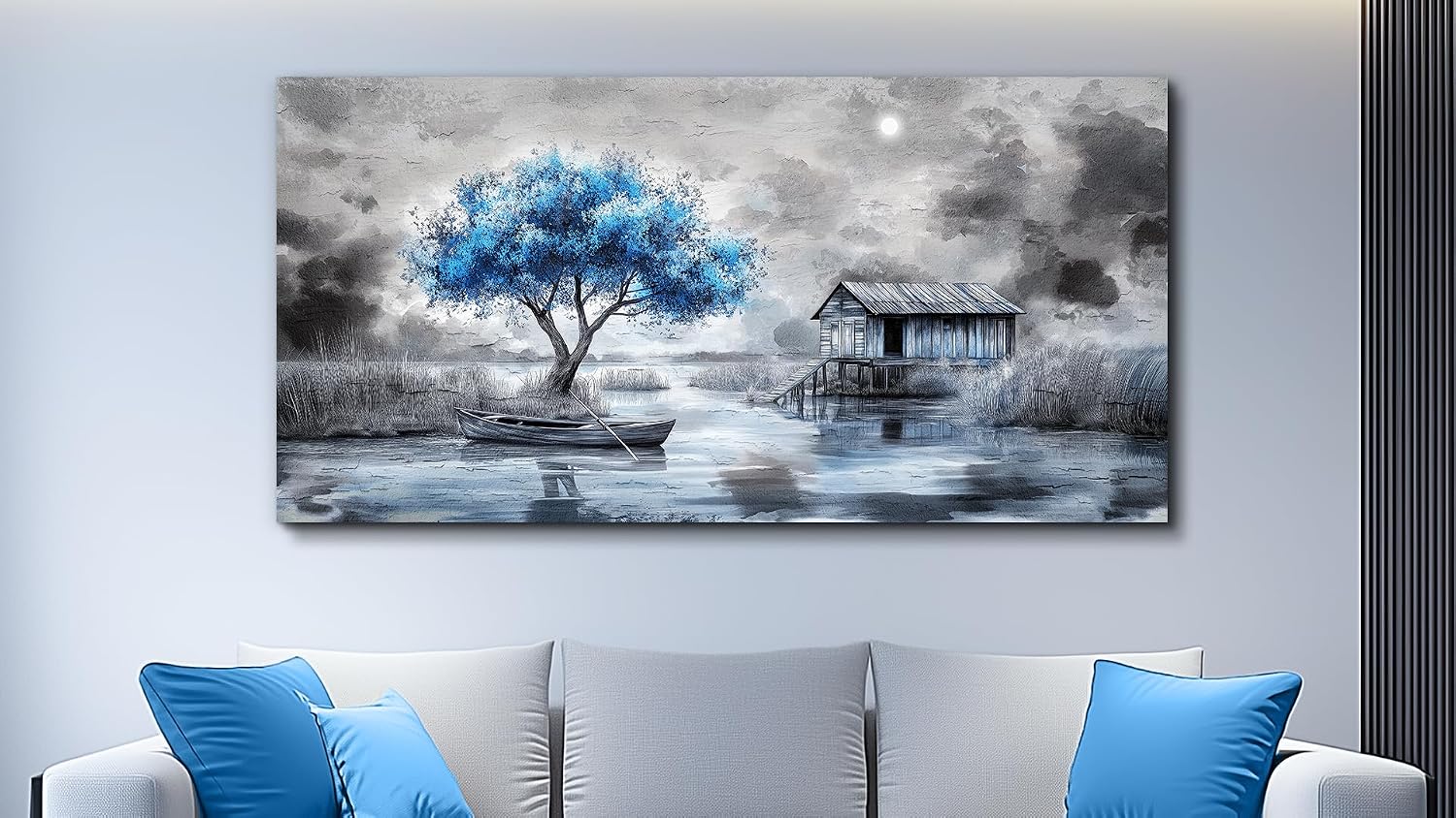 QIYILEXWART Canvas Wall Art For Living Room Large Wall Decor For Office Bedroom Decorations The Blue Tree Pictures The Hut Painting Stretched And Framed Artwork Room Ready To Hang
