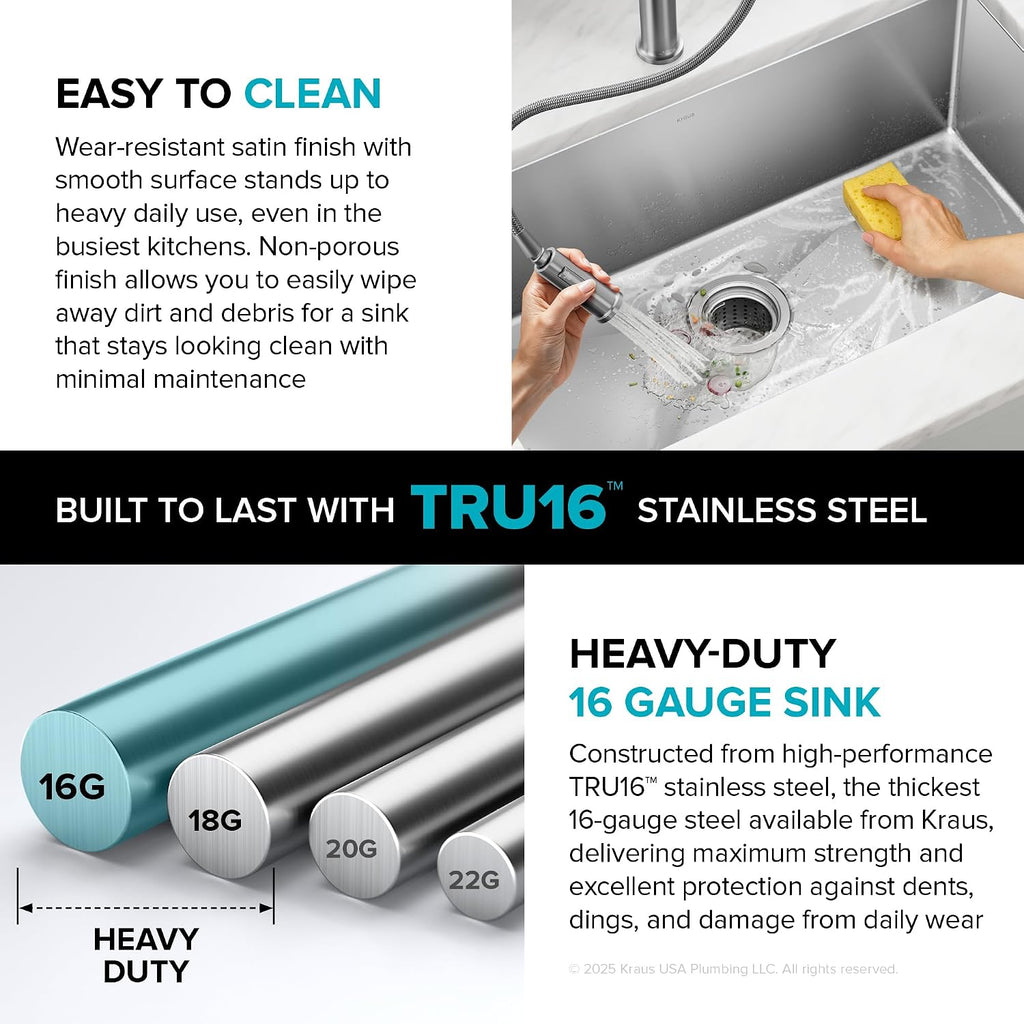 Kraus Kitchen Sinks Undermount - 32 Inch Stainless Steel Kitchen Sink, 60/40 Double Bowl, 16 Gauge, Model KHU103-32