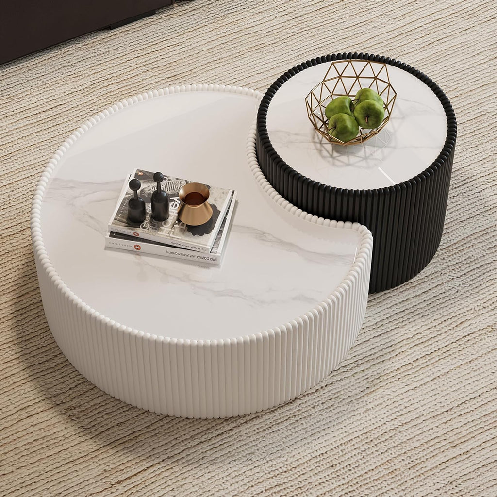29.53' White Round Coffee Table, Drum Coffee Table with Sintered Stone Tabletop and Fluted PU Leather Covered and Stable Base, Circle Cocktail Tea Table for Living Room