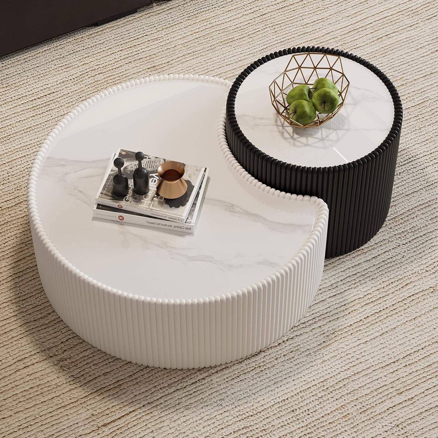 29.53' White Round Coffee Table, Drum Coffee Table with Sintered Stone Tabletop and Fluted PU Leather Covered and Stable Base, Circle Cocktail Tea Table for Living Room