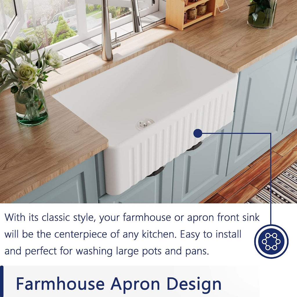 DeerValley Farmhouse Sink 30'x18' 10 inch Deep White Kitchen Sinks Fireclay Single Bowl Apron Front Lavabos de Cocina with Accessories