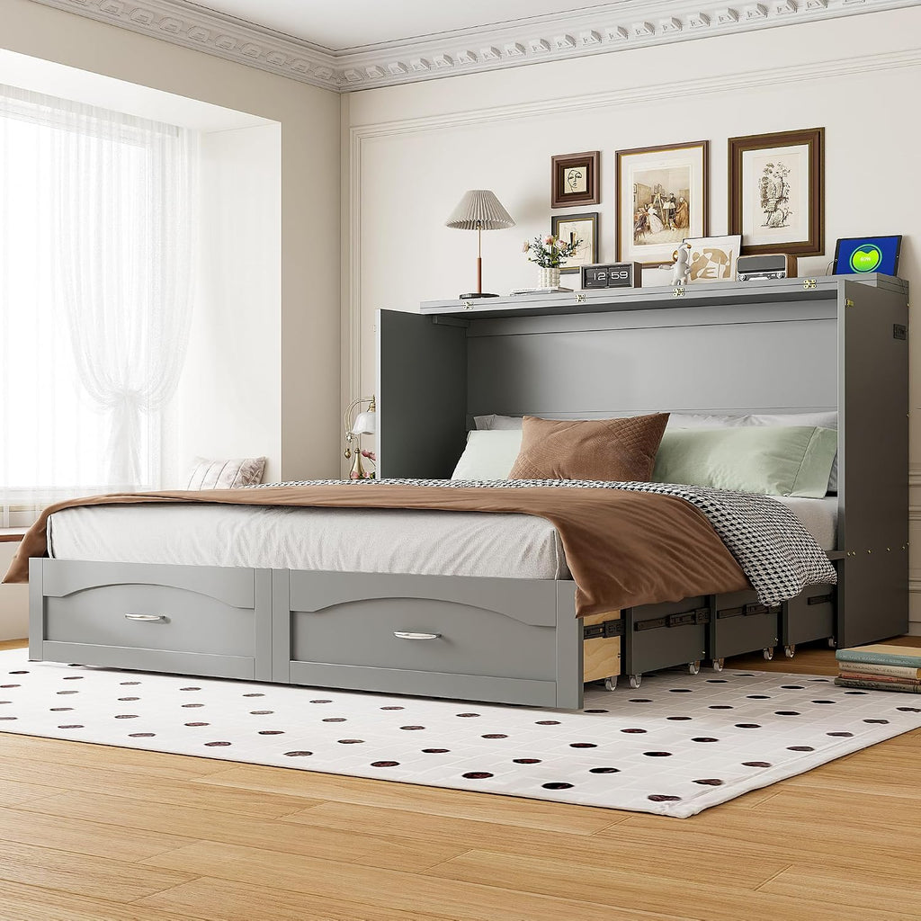 Queen Size Murphy Bed Wall Bed with Storage Drawer and a Set of Sockets & USB Ports, Space-Saving for Multipurpose Guest Room or Home Office, Gray