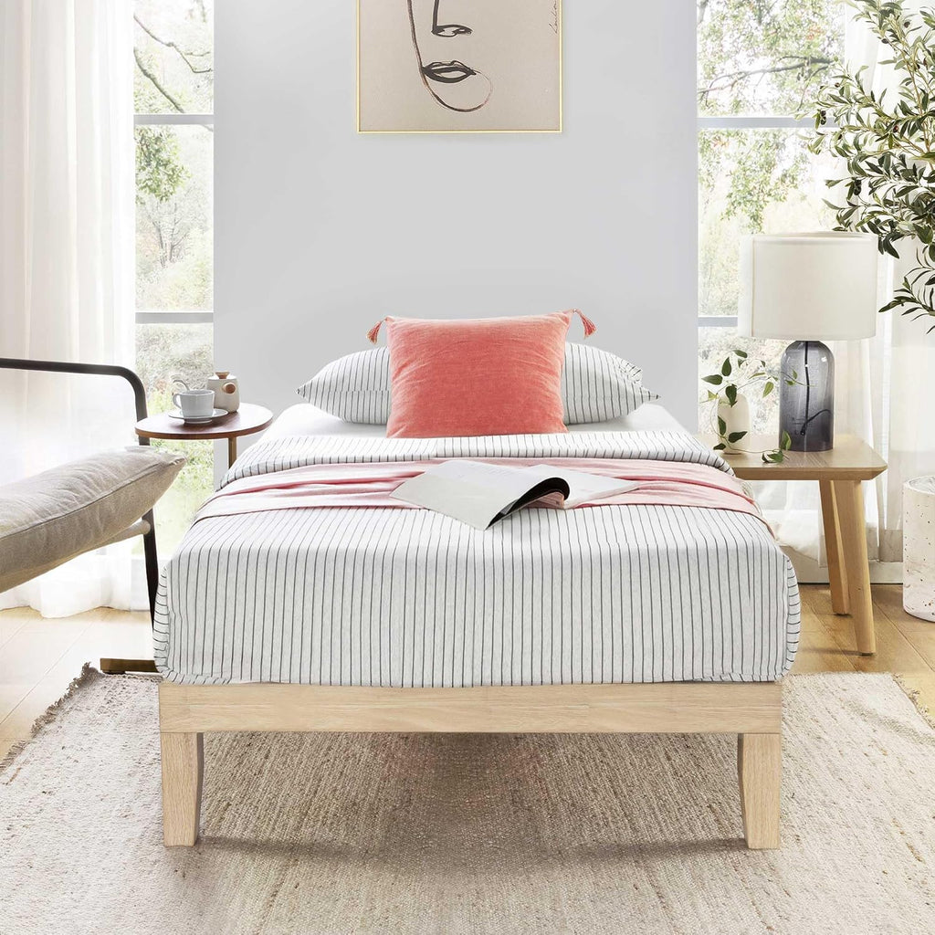 Mellow Naturalista Classic 12 Inch Solid Wood Platform Bed with Wooden Slats, Twin, White Wash