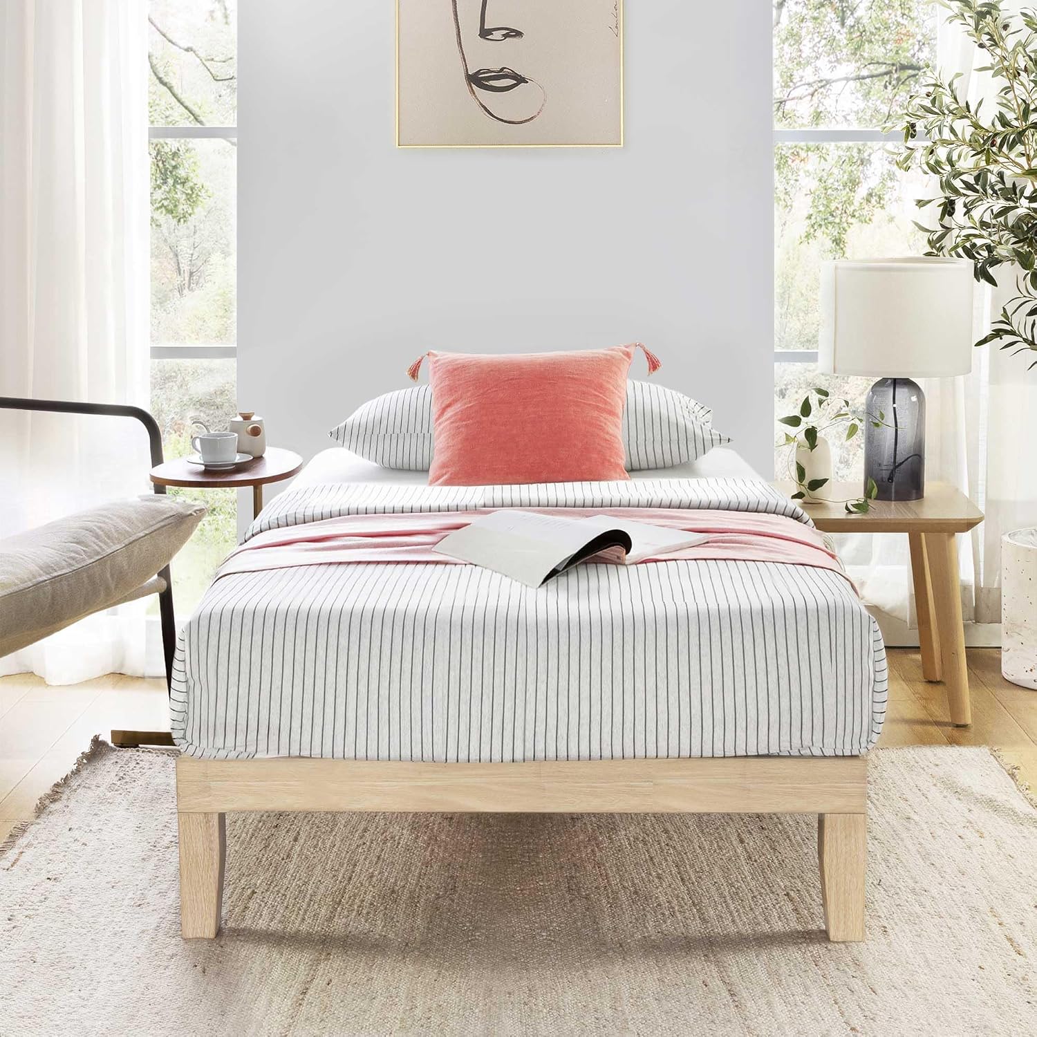 Mellow Naturalista Classic 12 Inch Solid Wood Platform Bed with Wooden Slats, Twin, White Wash