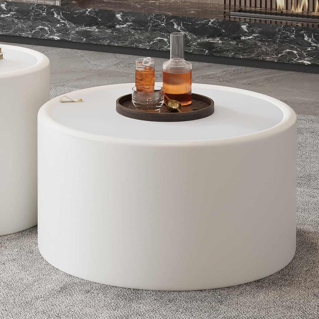 27.56' White Round Coffee Table with Hidden Storage, Drum Coffee Table with Tempered Glass Top and PU Leather Body, Circle Cocktail Tea Table for Living Room, No Assemble