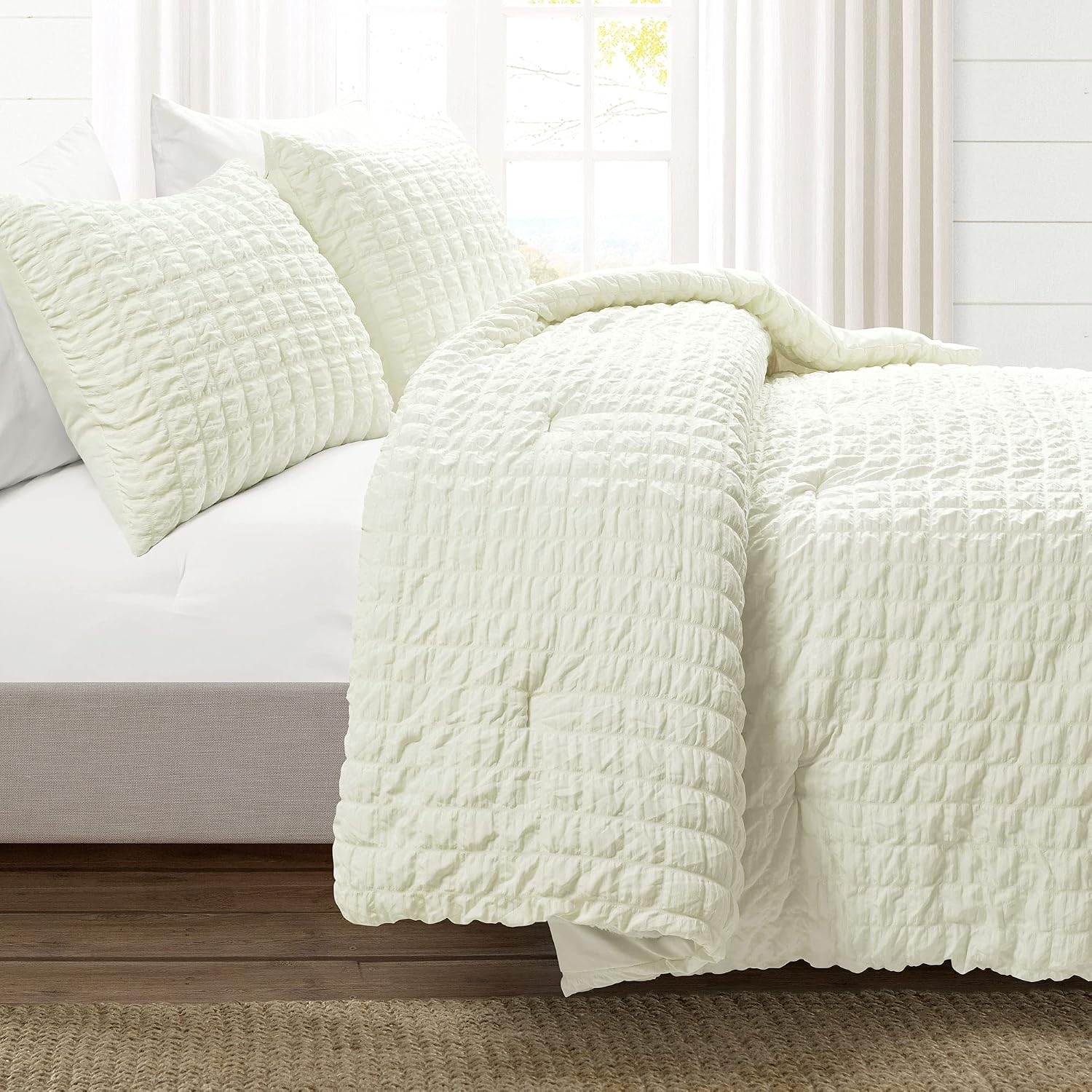 Lush Decor Crinkle Textured Dobby 3 Piece Comforter Set, King, Ivory