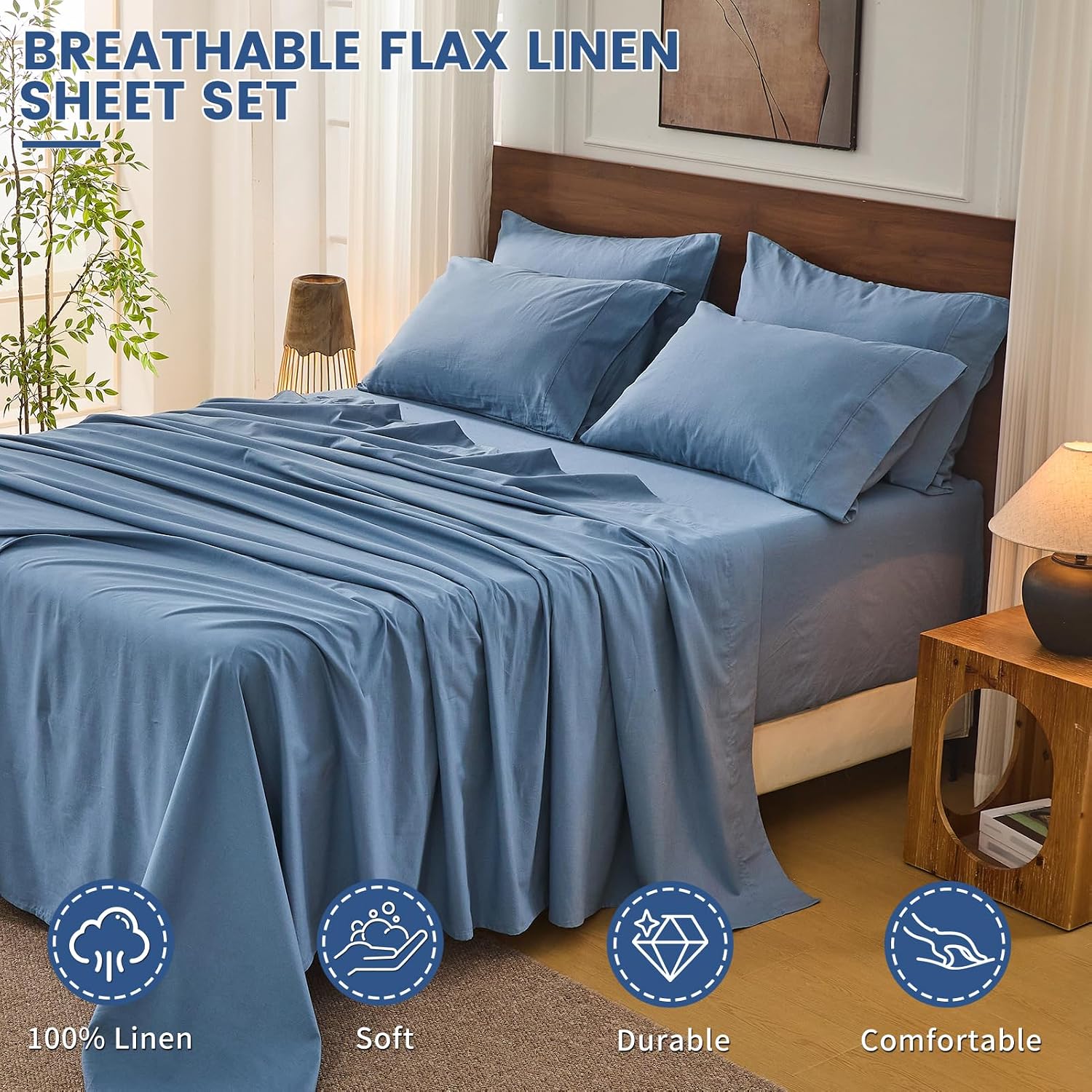 Bedlifes 100% French Flax Linen Sheets Set King Size - 6 Piece Extra Deep Pocket 18-24',Soft Breathable King Bed Sheets with Temperature Regulating & Moisture-Wicking(Flint Blue