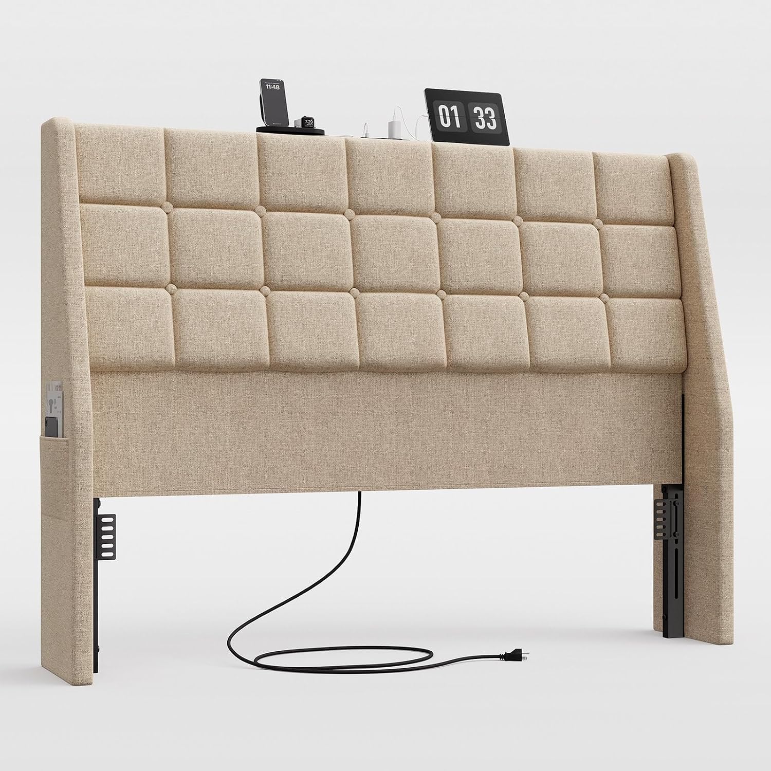 Ergonomic Upholstered Headboard Queen Size w/Charging Station, Linen Wingback Headboards w/Storage Pocket, Queen Headboard Only, Bed Frame Adapters, Sturdy Stable Solid Wood Bed Head Board, Beige