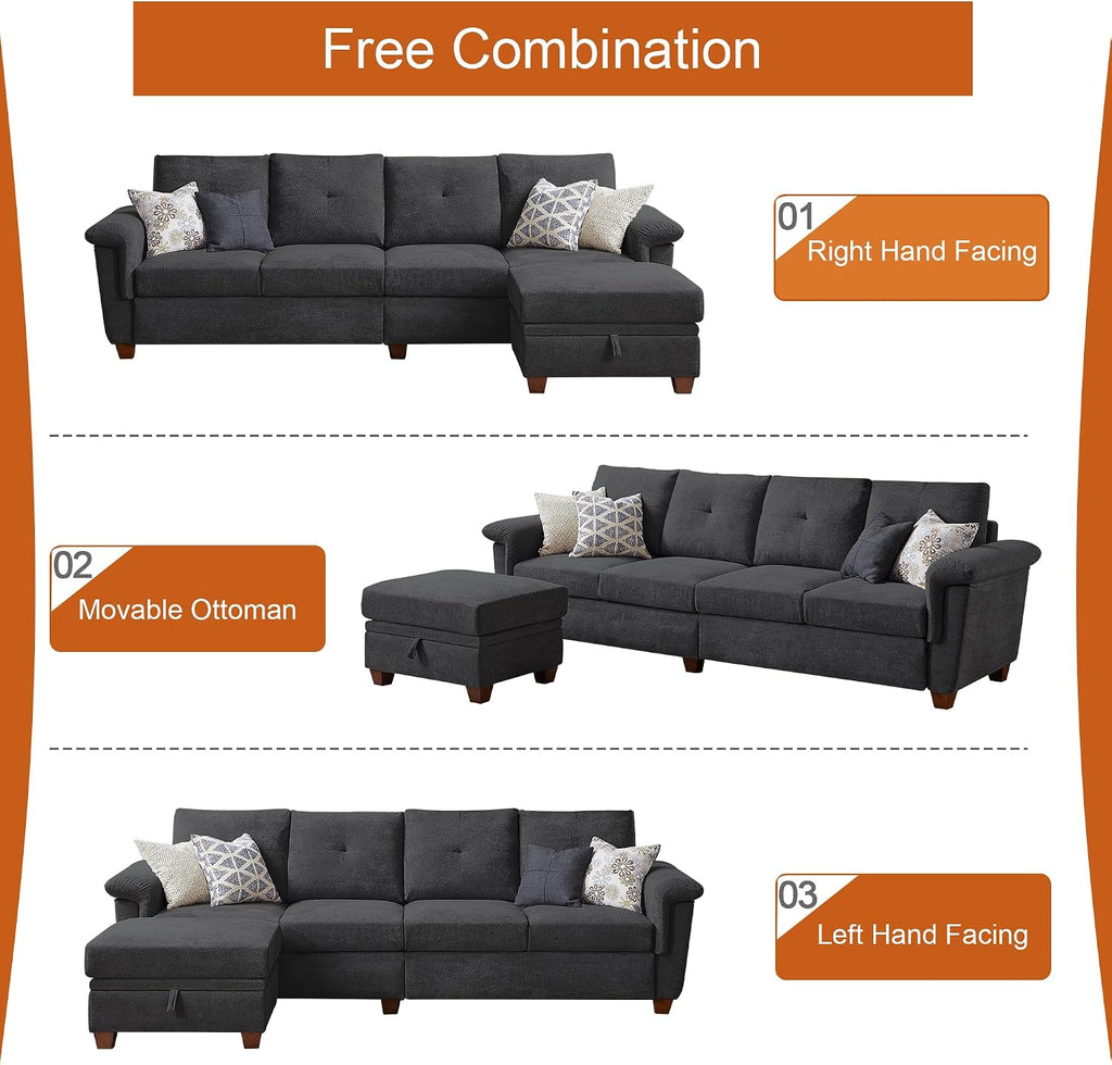 108' Sectional Sofa, Convertible L Shaped Sofa with Ottoman and Large Storage, 4 Seat Sectional Couch with Cup Holder, Couches for Living Room, Apartment, Office (Dark Grey)