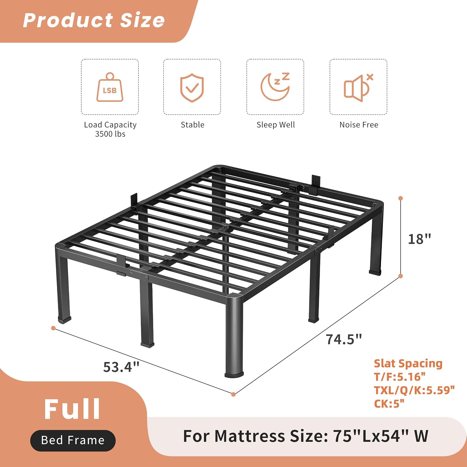 VIPSHOW 18 Inch Full Heavy Duty 3500 lbs Bed Frame with Round-Corner Legs & Anti-Squeak Design – Quick Assembly Metal Platform, No Box Spring Needed