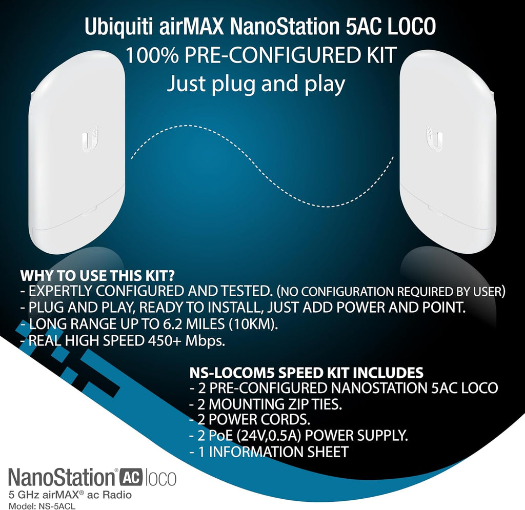 Wireless Bridge Ubiquiti LOCO5AC PRE-CONFIGURED, Bundle of 2 Ubiquiti Nanostation LOCO 5AC, Point to Point Outdoor WiFi Bridge, Plugh and Play, 5GHz, 450+Mbps, 10+km Link Range, Network Bridge