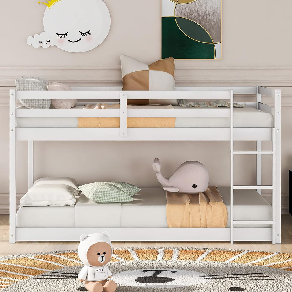 Twin Over Twin Floor Bunk Bed with Ladder,Bed Frame W/Sturdy Slats and Full Length Guardrails,for Bedroom,Apartment,Guest Room,Easy to Assemble,White