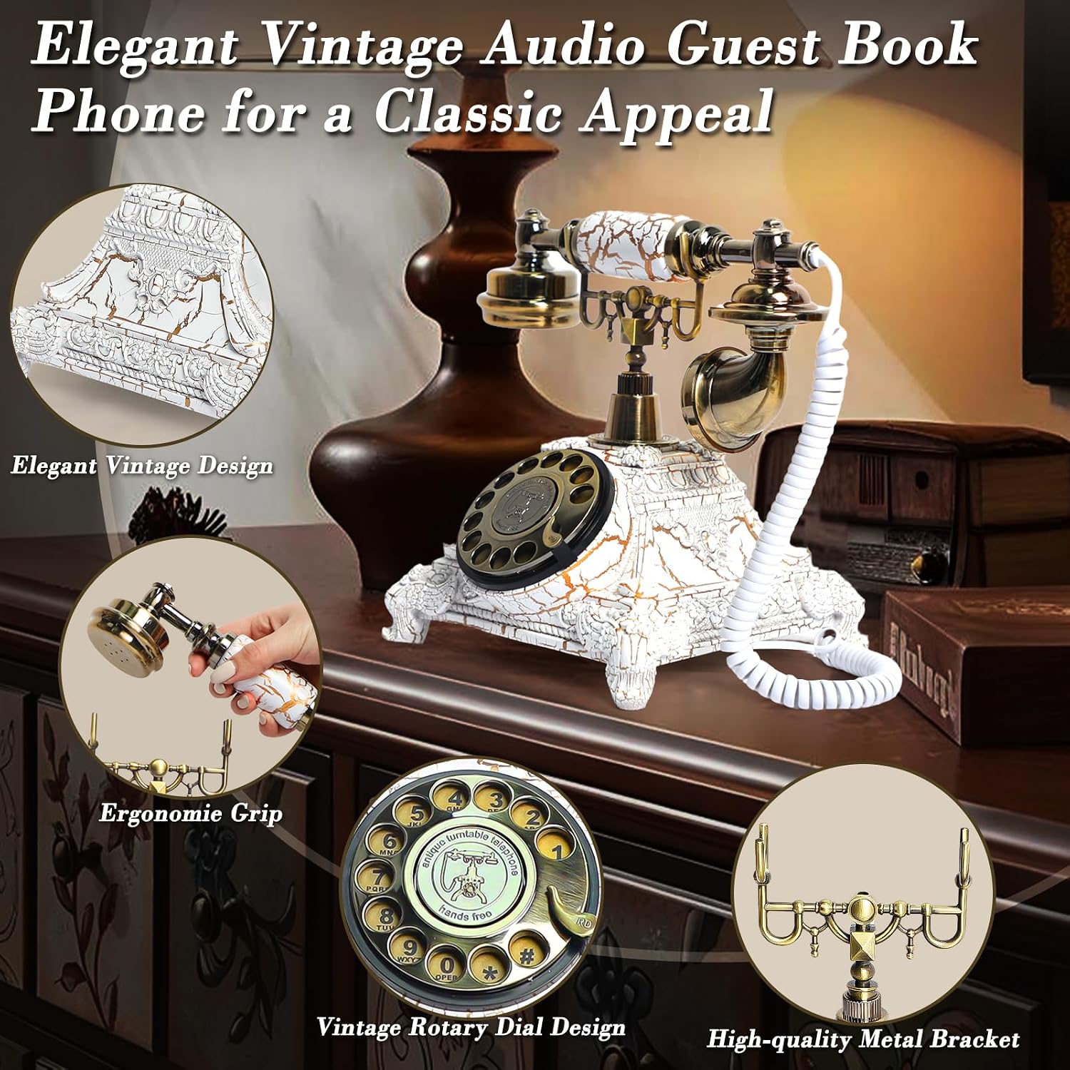 Audio Guest Book Wedding Phone, Vintage Audio GuestBook, Record Guest Messages for Weddings & Special Events, Customized Audio Keepsake for Memorable Occasions (Retro White)