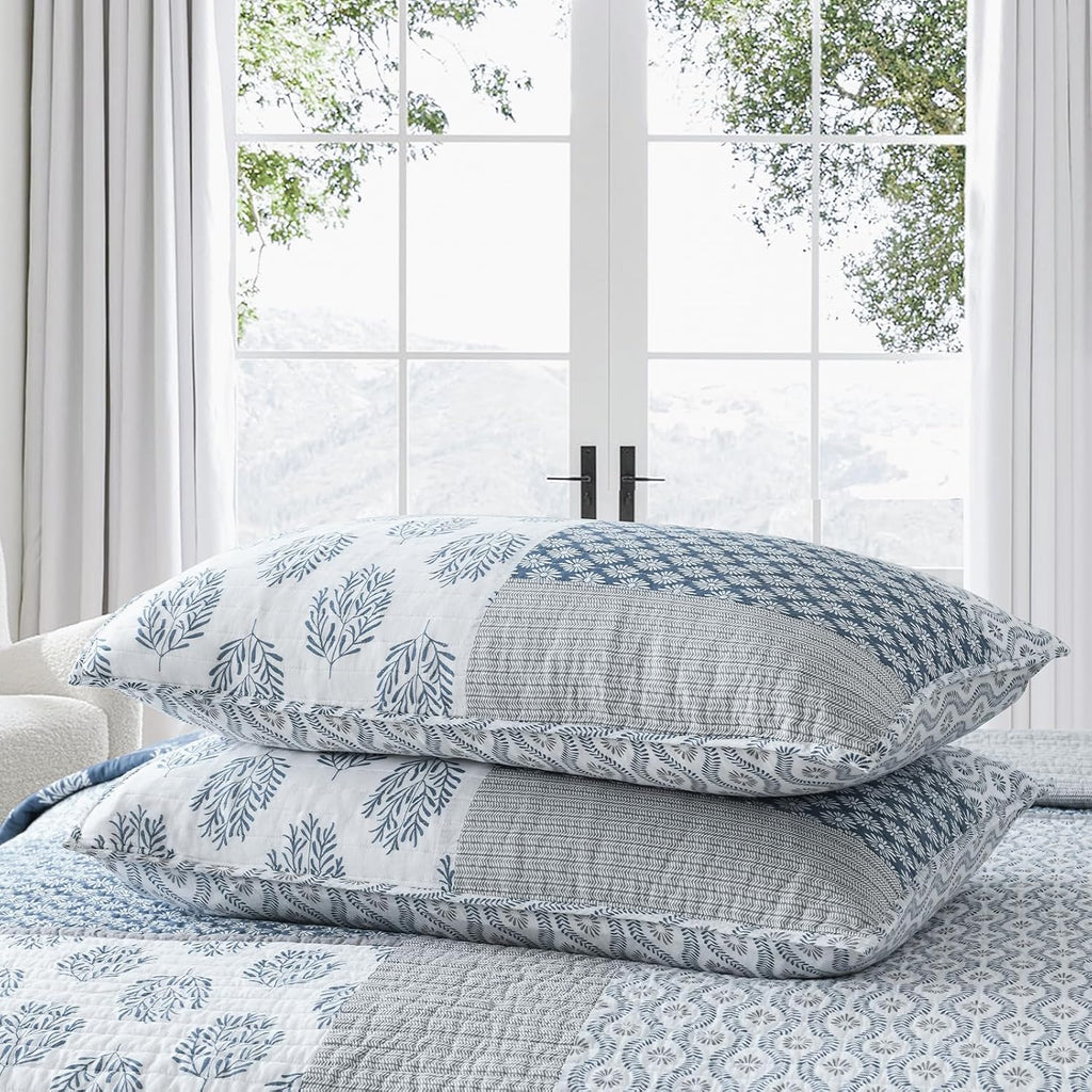 Finlonte Quilts Queen Size, 100% Cotton Queen Comforter Set, Blue Grey Farmhouse Quilted Bedspread, Patchwork Lightweight Reversible Quilt Bedding Set for Queen Bed, 3-Pieces