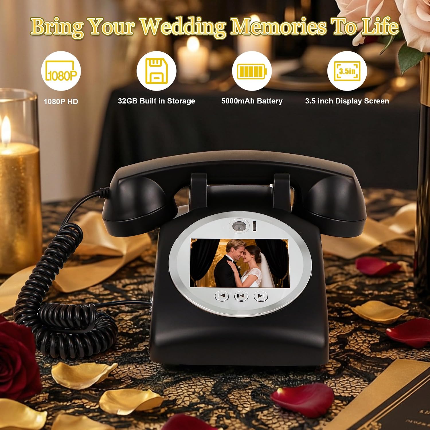 Video Audio Guest Book Wedding Phone, 1080P Video Guestbook Phone for Wedding, Bridal Shower, Birthday Party, Baby Shower, Anniversary Engagement (Matte Black)
