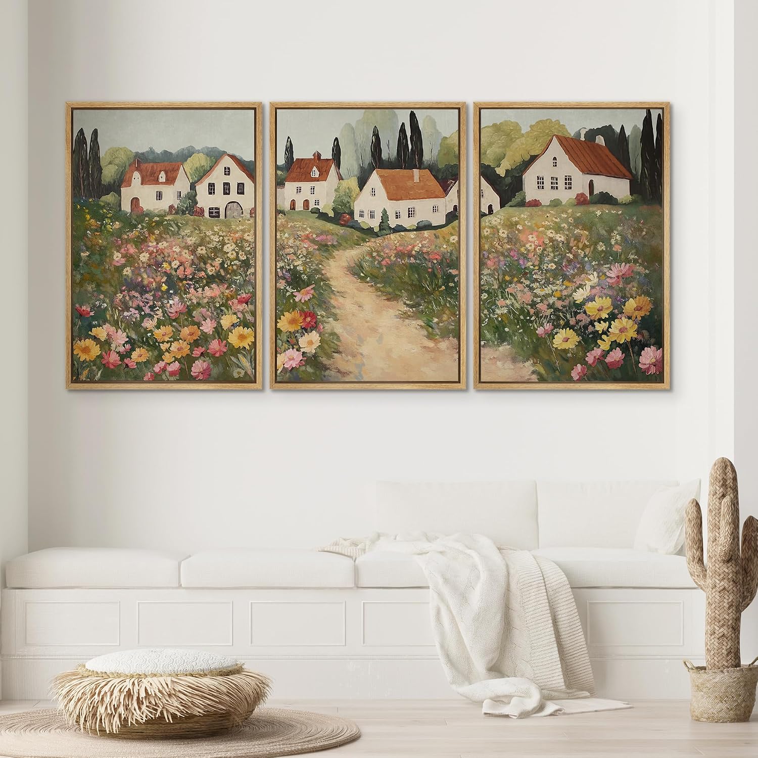 SIGNWIN Framed Canvas Print Wall Art Set Cottage Garden Path Vintage Floral Village Landscape Illustrations Modern Art Contemporary Minimal Ultra for Living Room, Bedroom, Office - 24'x36'x3 Natural
