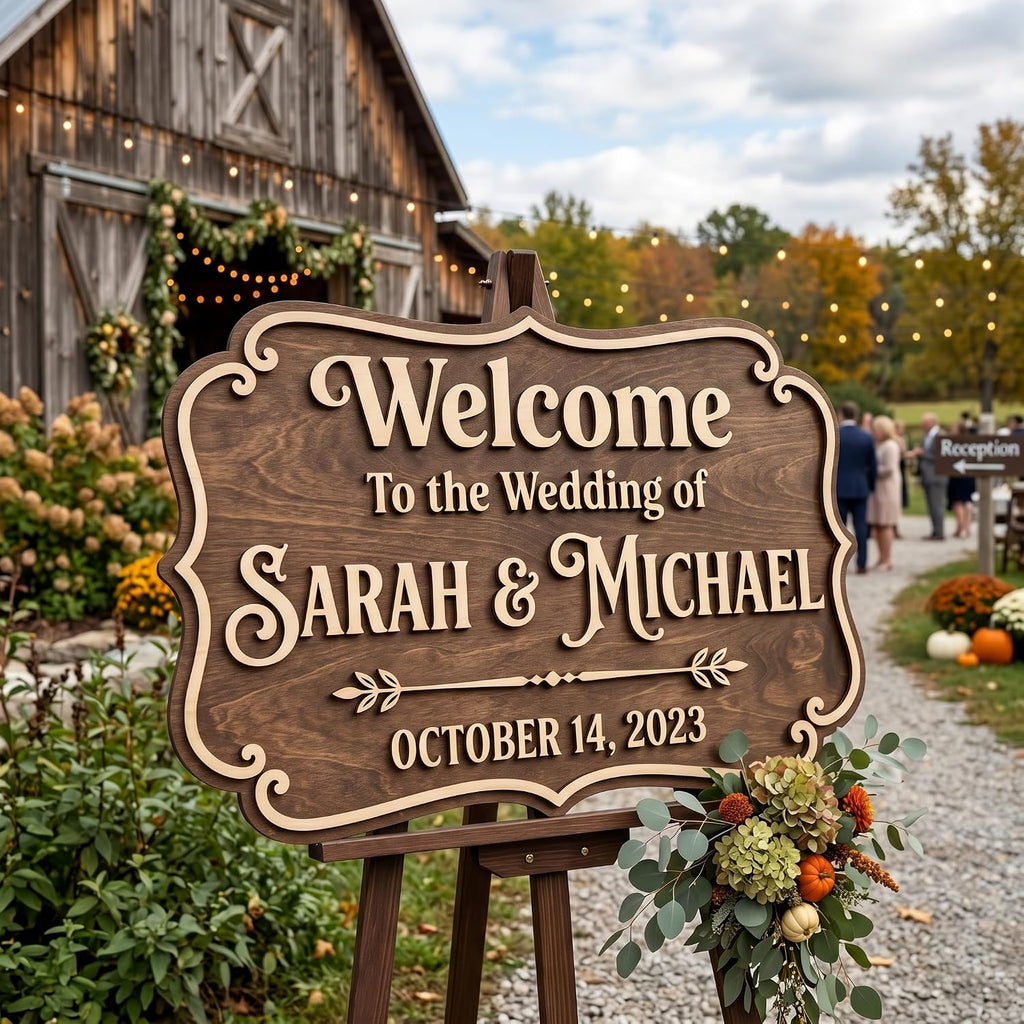 Personalized Wedding Welcome Sign, Custom 3D Wood Entrance Signage for Reception & Ceremony, Rustic Boho Barn Beach Themes, Wooden Name & Date Board Decor (16 Custom Designs)